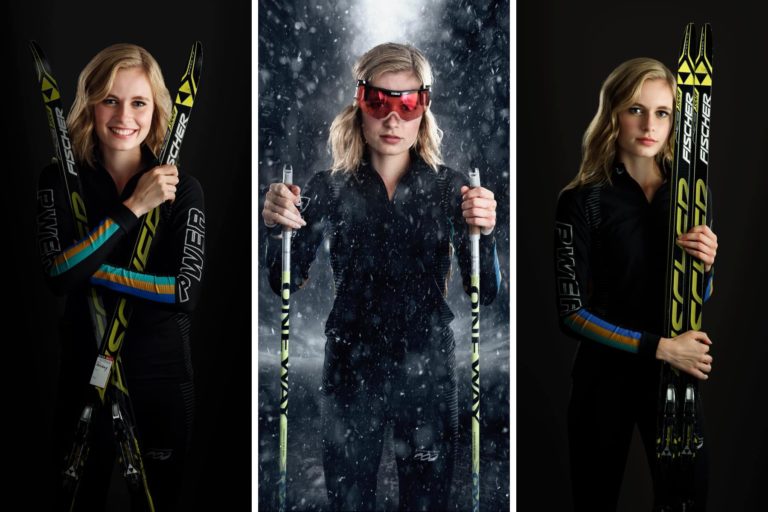Minnesota sports senior pictures of girl athlete with cross country ski taken in studio. Captured by Minneapolis sports senior photographer Any Angle Photography.